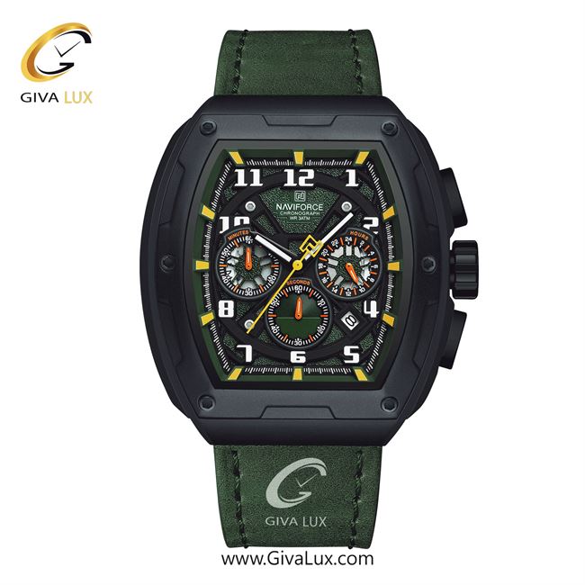 ساعت مچی اورجینال مردانه ناوی فورس|Naviforce|نوی فورس|نیوی فورس سه موتوره کرنوگراف مشکی | سبز| سبز| کد رفرنس NF8053 B/GN/GN