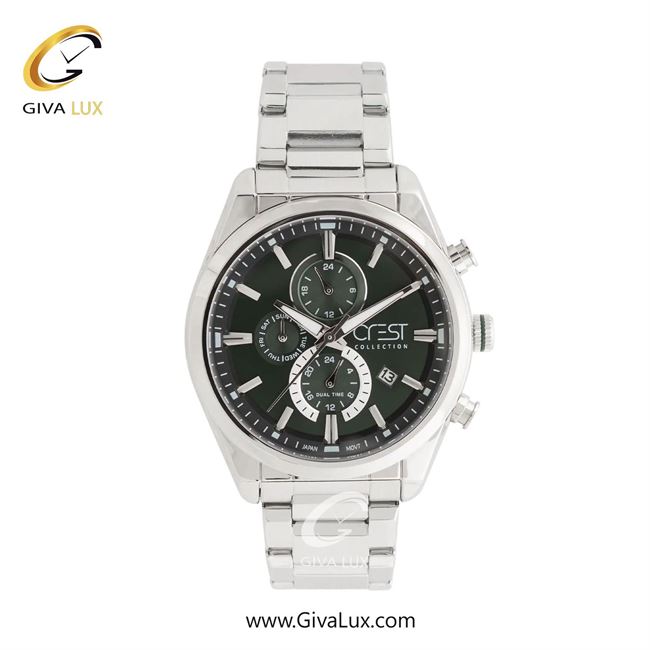 ساعت مچی اورجینال مردانه کرست سه موتوره کرنوگراف نقره ای | نقره ای| سبز یشمی تیره| کد رفرنس Crest 6334-3