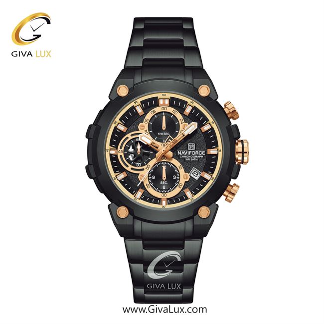 ساعت مچی اورجینال مردانه ناوی فورس|Naviforce|نوی فورس|نیوی فورس سه موتوره کرنوگراف مشکی | مشکی| مشکی| کد رفرنس NF8071 B/RG/B