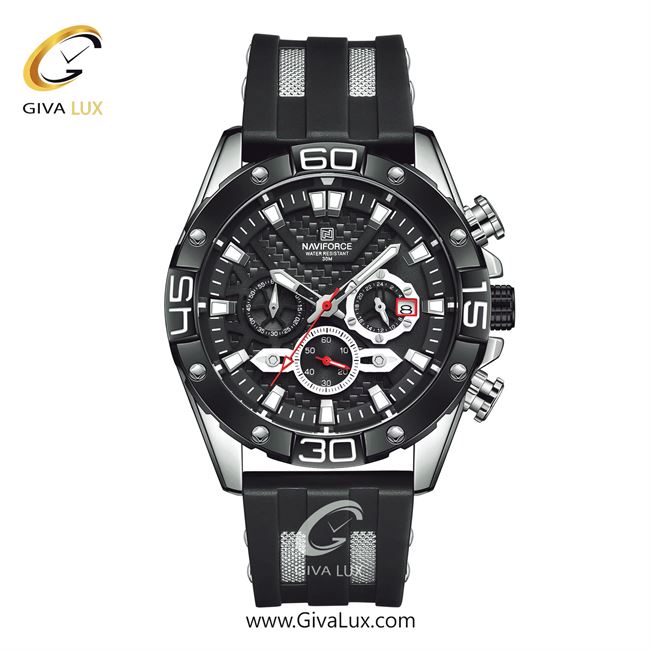 ساعت مچی اورجینال مردانه ناوی فورس|Naviforce|نوی فورس|نیوی فورس سه موتوره کرنوگراف مشکی-نقره ای | مشکی| مشکی| کد رفرنس NF8019-S/B/B