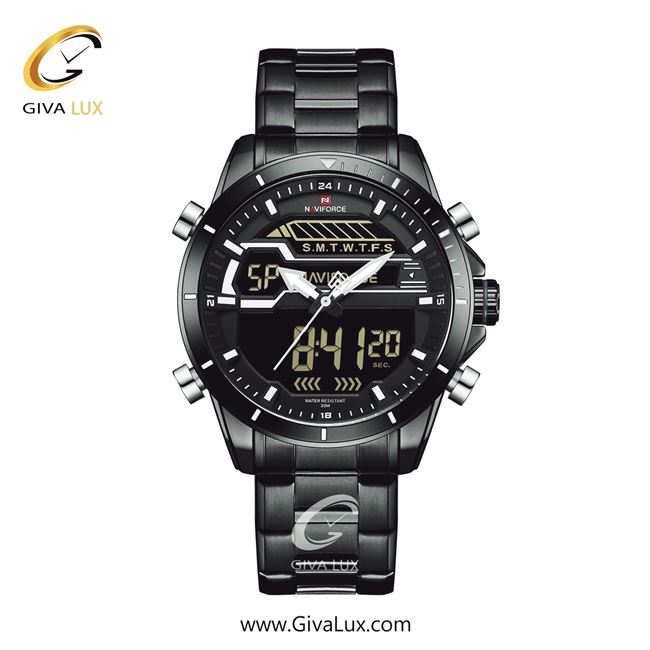 ساعت مچی مردانه دوزمانه بند استیل مشکی ناوی فورس (نیوی فورس)  NF9133 B/B/W 