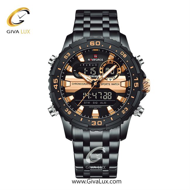 ساعت مچی اورجینال مردانه ناوی فورس|Naviforce|نوی فورس|نیوی فورس دو زمانه مشکی | مشکی| مشکی-رزگلد| کد رفرنس NF9234-B/RG/B