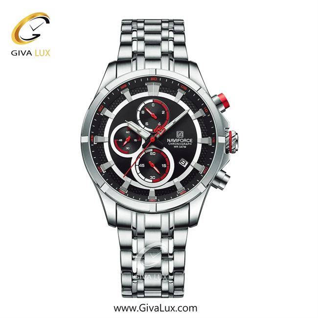 ساعت مچی اورجینال مردانه ناوی فورس|Naviforce|نوی فورس|نیوی فورس سه موتوره کرنوگراف نقره ای | نقره ای| نقره ای-مشکی| کد رفرنس NF8046