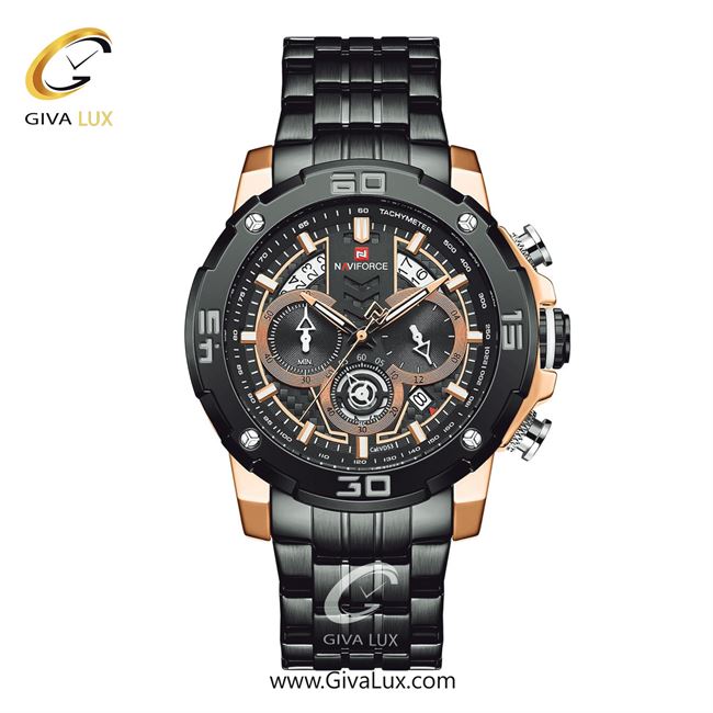 ساعت مچی اورجینال مردانه ناوی فورس|Naviforce|نوی فورس|نیوی فورس سه موتوره کرنوگراف رزگلد-مشکی | مشکی| مشکی| کد رفرنس NF9175