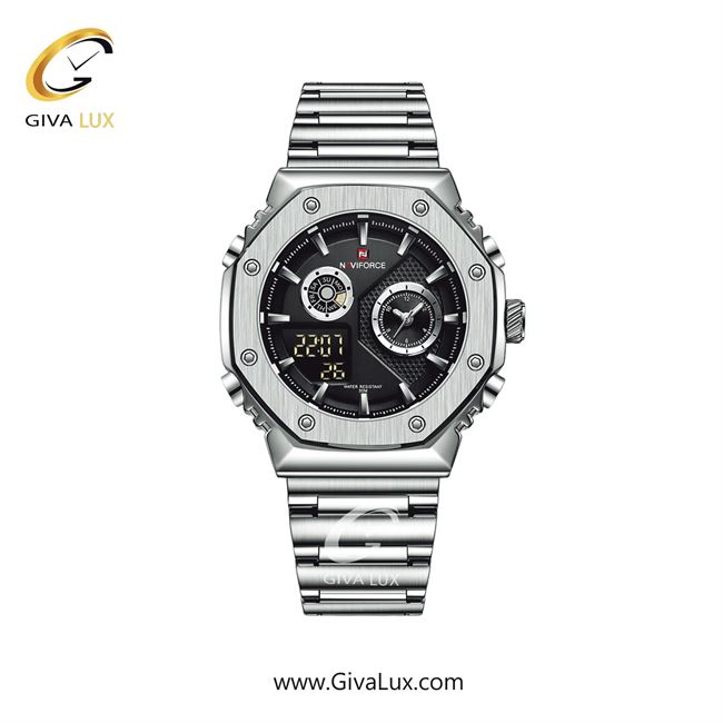 ساعت مچی اورجینال مردانه ناوی فورس|Naviforce|نوی فورس|نیوی فورس دو زمانه نقره ای | نقره ای| مشکی| کد رفرنس NF9216