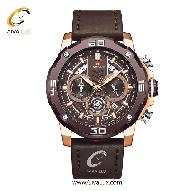 ساعت مچی اورجینال مردانه ناوی فورس|Naviforce|نوی فورس|نیوی فورس سه موتوره کرنوگراف رزگلد-کافی | قهوه ای| کافی| کد رفرنس NF9175