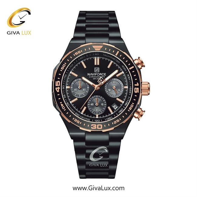 ساعت مچی اورجینال مردانه ناوی فورس|Naviforce|نوی فورس|نیوی فورس سه موتوره کرنوگراف رزگلد | مشکی| مشکی| کد رفرنس NF8049 B/RG/B