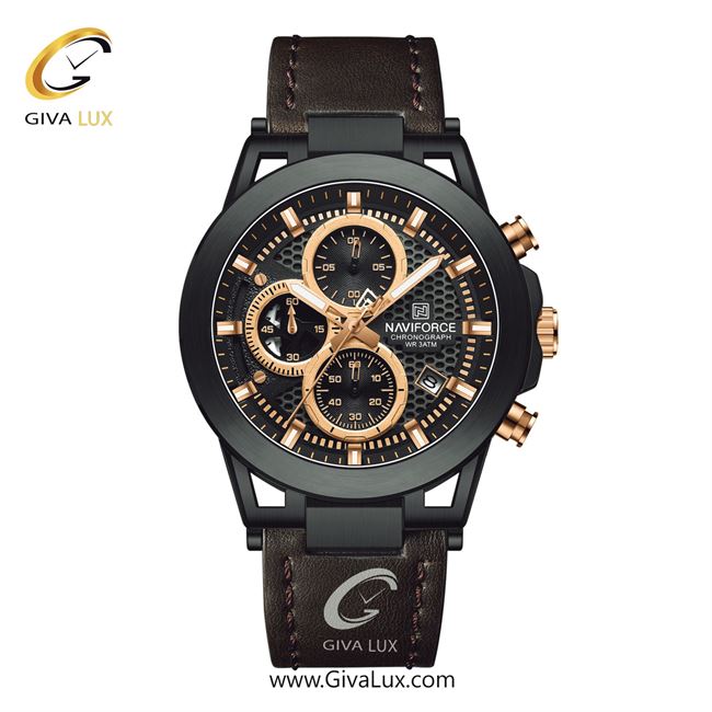 ساعت مچی اورجینال مردانه ناوی فورس|Naviforce|نوی فورس|نیوی فورس سه موتوره کرنوگراف مشکی | قهوه ای| رزگلد-مشکی| کد رفرنس NF8073 B/RG/D.BN