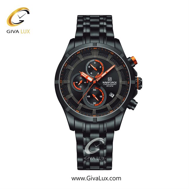 ساعت مچی اورجینال مردانه ناوی فورس|Naviforce|نوی فورس|نیوی فورس سه موتوره کرنوگراف مشکی | مشکی| مشکی-نارنجی| کد رفرنس NF8046