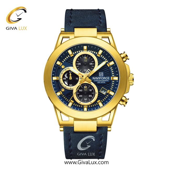ساعت مچی اورجینال مردانه ناوی فورس|Naviforce|نوی فورس|نیوی فورس سه موتوره کرنوگراف طلایی | سرمه ای| طلایی-سرمه ای| کد رفرنس NF8073 G/BE/BE