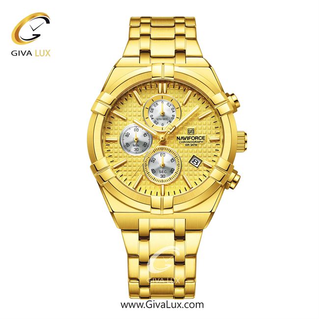 ساعت مچی اورجینال ناوی فورس مردانه سه موتوره کرنوگراف طلایی | طلایی | طلایی | کد رفرنس NF8042-G/G/G