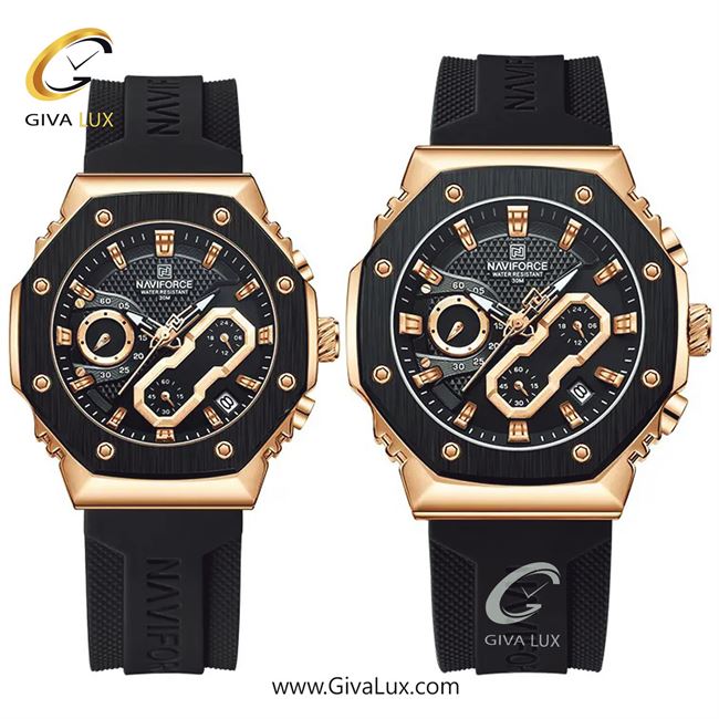 ساعت مچی اورجینال ناوی فورس ست سه موتوره کرنوگراف رزگلد | مشکی | مشکی | کد رفرنس NF8035-RG/B/B