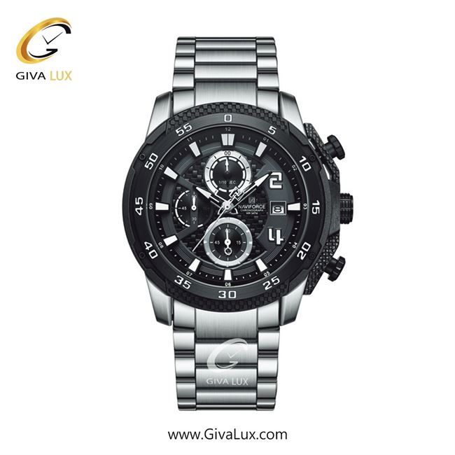 ساعت مچی اورجینال مردانه ناوی فورس|Naviforce|نوی فورس|نیوی فورس سه موتوره کرنوگراف نقره ای | نقره ای| مشکی| کد رفرنس NF8047 S/B/S