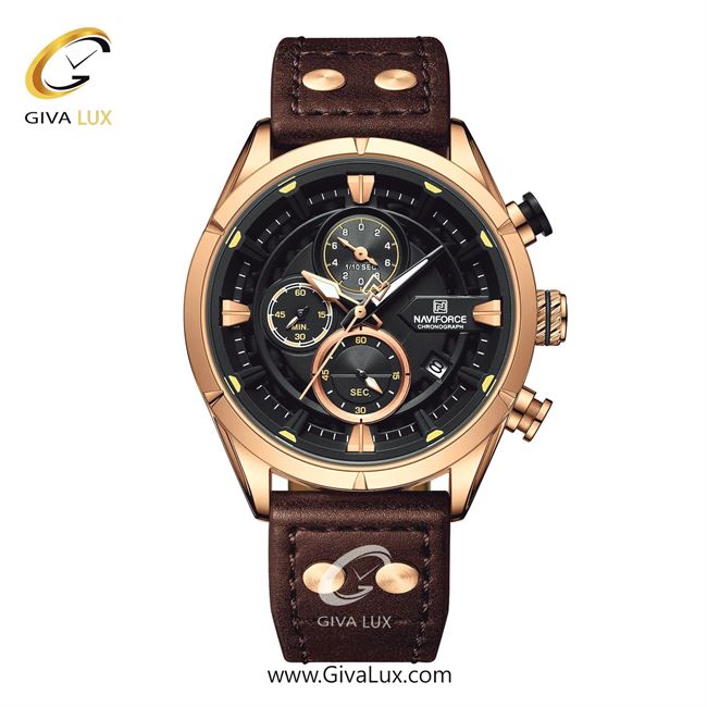 ساعت مچی اورجینال ناوی فورس مردانه سه موتوره کرنوگراف رزگلد | قهوه ای | مشکی | کد رفرنس NF8045-RG/B/D.BN