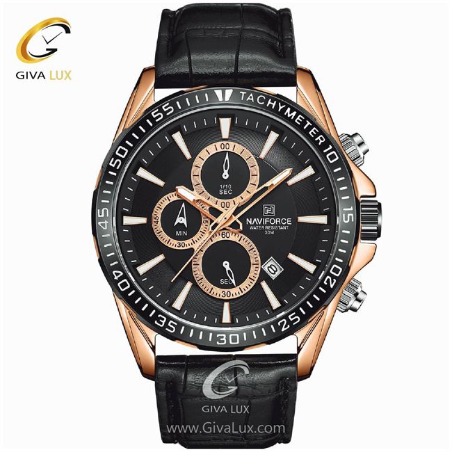 ساعت مچی اورجینال مردانه ناوی فورس|Naviforce|نوی فورس|نیوی فورس سه موتوره کرنوگراف رزگلد | مشکی| مشکی| کد رفرنس NF8001