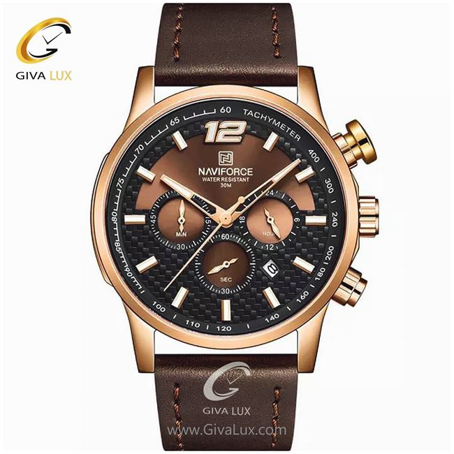 ساعت مچی اورجینال مردانه ناوی فورس|Naviforce|نوی فورس|نیوی فورس سه موتوره کرنوگراف رزگلد | کافی| مشکی| کد رفرنس NF8002