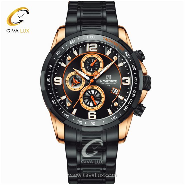 ساعت مچی اورجینال مردانه ناوی فورس|Naviforce|نوی فورس|نیوی فورس سه موتوره کرنوگراف رزگلد | مشکی| مشکی| کد رفرنس NF8020