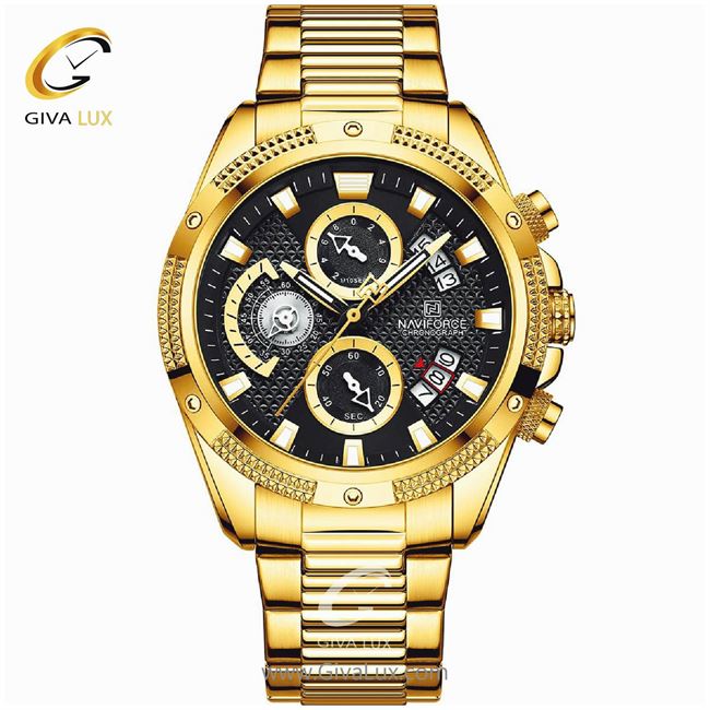 ساعت مچی اورجینال مردانه ناوی فورس|Naviforce|نوی فورس|نیوی فورس سه موتوره کرنوگراف طلایی | طلایی| مشکی| کد رفرنس NF8021