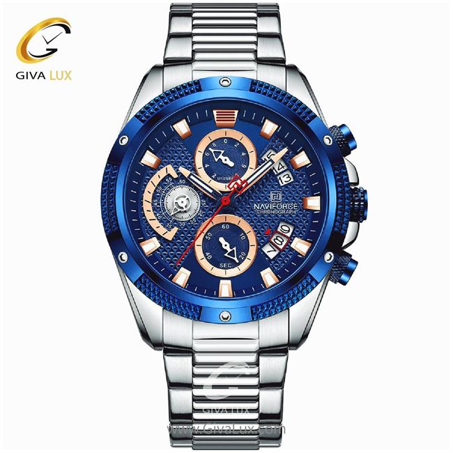 ساعت مچی اورجینال مردانه ناوی فورس|Naviforce|نوی فورس|نیوی فورس سه موتوره کرنوگراف آبی کاربنی | نقره ای| آبی کاربنی| کد رفرنس NF8021