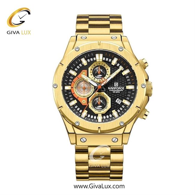 ساعت مچی اورجینال مردانه ناوی فورس|Naviforce|نوی فورس|نیوی فورس سه موتوره کرنوگراف طلایی | طلایی| مشکی| کد رفرنس NF8026 G/B