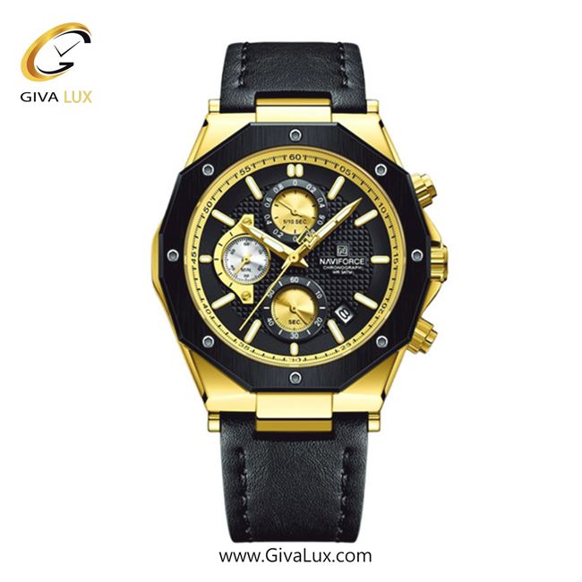 ساعت مچی اورجینال مردانه ناوی فورس|Naviforce|نوی فورس|نیوی فورس سه موتوره کرنوگراف طلایی | مشکی| مشکی| کد رفرنس NF8028