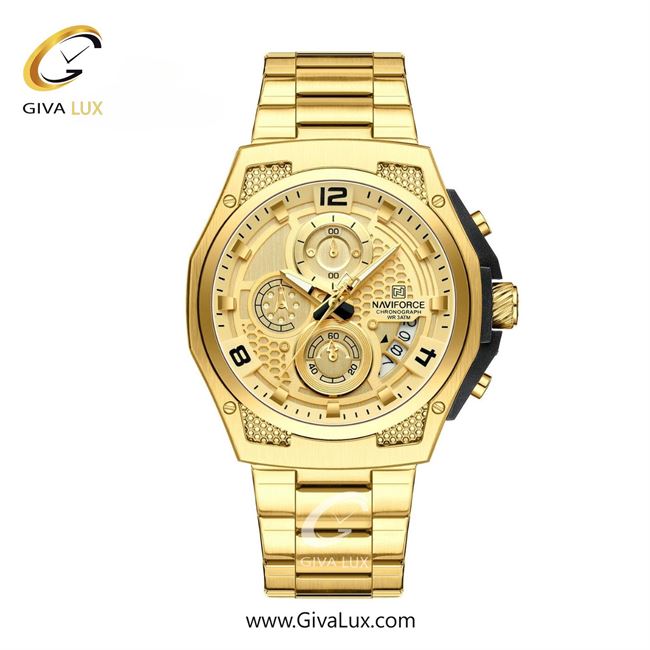 ساعت مچی اورجینال مردانه ناوی فورس|Naviforce|نوی فورس|نیوی فورس سه موتوره کرنوگراف طلایی | طلایی| طلایی| کد رفرنس NF8051 S G/G/G