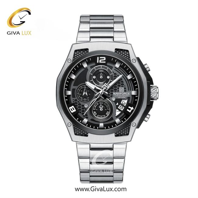 ساعت مچی اورجینال مردانه ناوی فورس|Naviforce|نوی فورس|نیوی فورس سه موتوره کرنوگراف نقره ای-مشکی | نقره ای| مشکی| کد رفرنس NF8051 S S/B/S