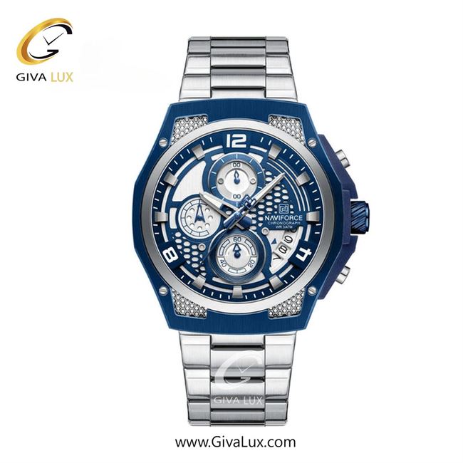 ساعت مچی اورجینال مردانه ناوی فورس|Naviforce|نوی فورس|نیوی فورس سه موتوره کرنوگراف نقره ای-آبی | نقره ای| آبی| کد رفرنس NF8051 S S/BE/S