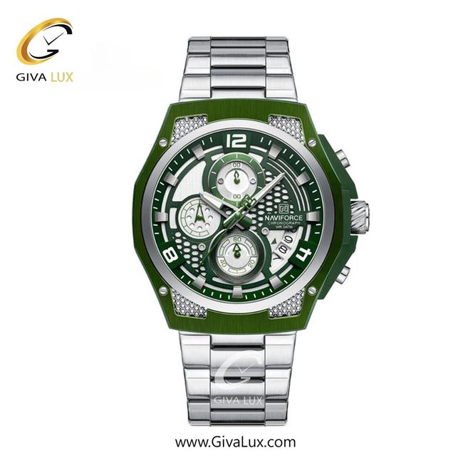 ساعت مچی اورجینال مردانه ناوی فورس|Naviforce|نوی فورس|نیوی فورس سه موتوره کرنوگراف نقره ای-سبز | نقره ای| نقره ای-سبز| کد رفرنس NF8051 S S/GN/S