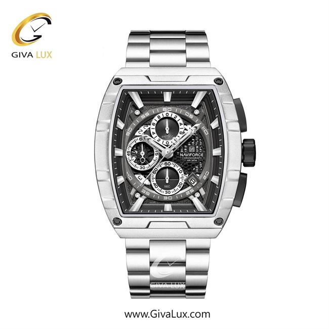 ساعت مچی اورجینال مردانه ناوی فورس|Naviforce|نوی فورس|نیوی فورس سه موتوره کرنوگراف نقره ای | نقره ای| مشکی| کد رفرنس NF8066 S/B/S