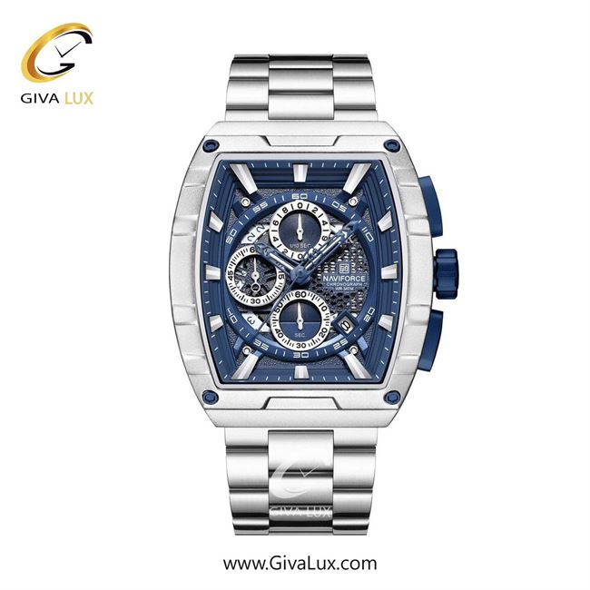 ساعت مچی اورجینال مردانه ناوی فورس|Naviforce|نوی فورس|نیوی فورس سه موتوره کرنوگراف نقره ای | نقره ای| آبی| کد رفرنس NF8066 S/BE/S