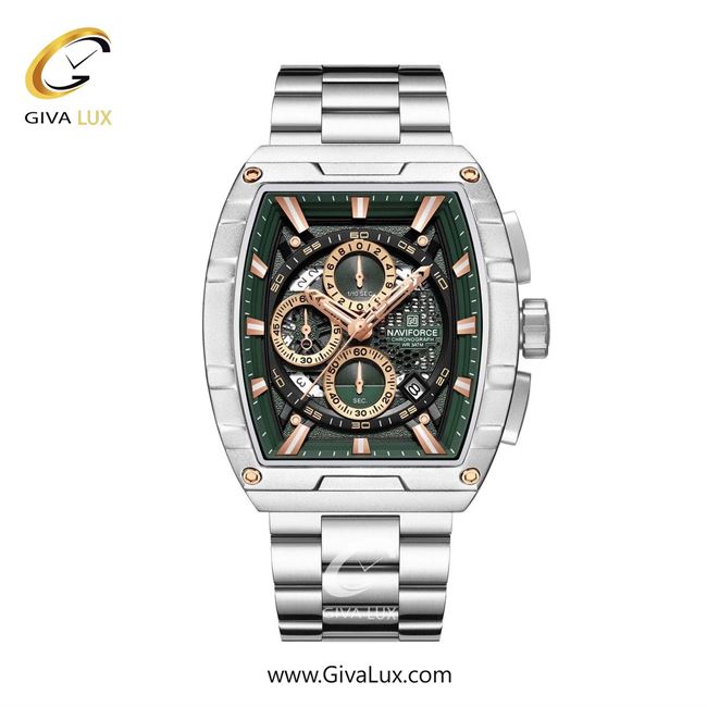 ساعت مچی اورجینال مردانه ناوی فورس|Naviforce|نوی فورس|نیوی فورس سه موتوره کرنوگراف نقره ای | نقره ای| سبز-مشکی| کد رفرنس NF8066 S/GN/S