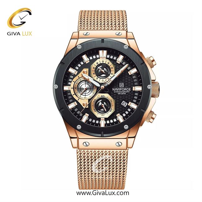 ساعت مچی اورجینال ناوی فورس مردانه سه موتوره کرنوگراف رزگلد | رزگلد | مشکی | کد رفرنس NF8027-RG/B