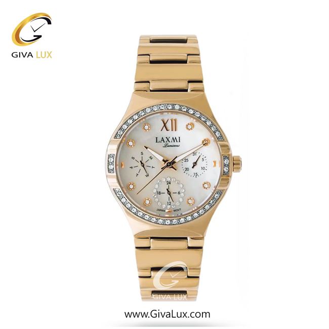 ساعت مچی اورجینال زنانه لاکسمی سه موتوره فول تایم طلایی | طلایی| سفید صدفی| کد رفرنس 6-8114