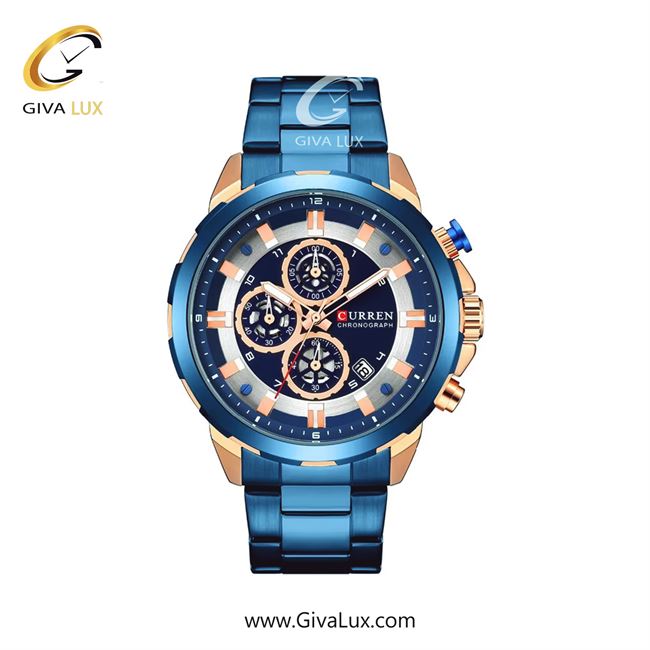ساعت مچی اورجینال مردانه کارن (کورن) curren سه موتوره کرنوگراف آبی-رزگلد | آبی| آبی| کد رفرنس 8323BURS