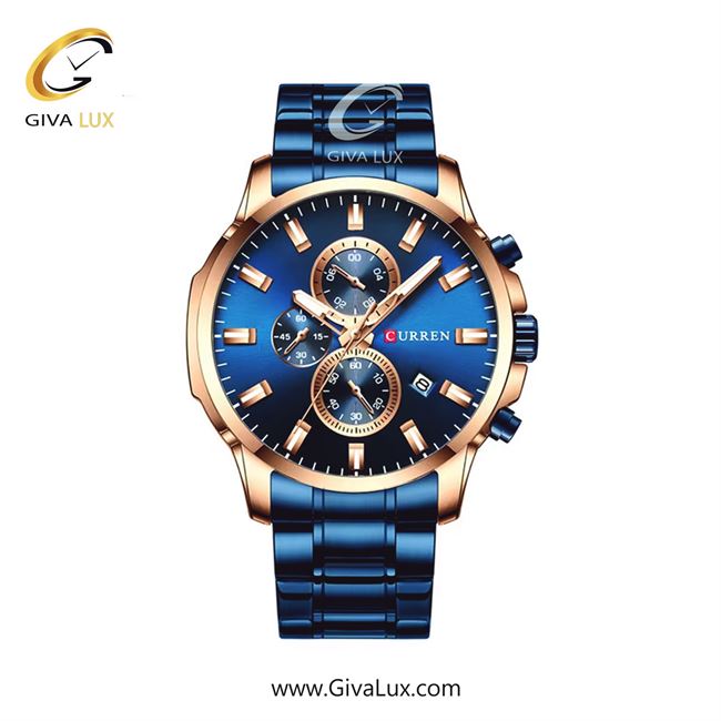 ساعت مچی اورجینال مردانه کارن (کورن) curren سه موتوره کرنوگراف رزگلد | آبی| آبی| کد رفرنس 8348BURS