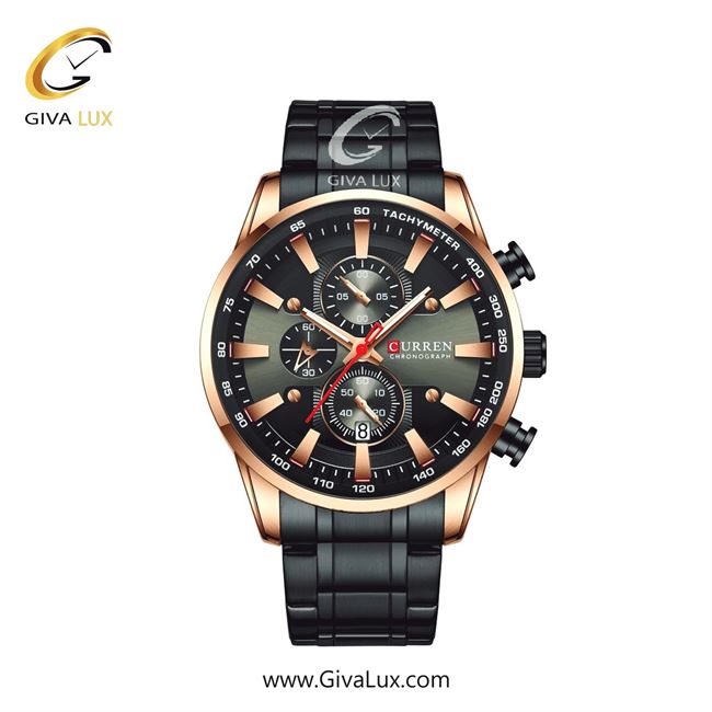 ساعت مچی اورجینال مردانه کارن (کورن) curren سه موتوره کرنوگراف رزگلد | مشکی| مشکی| کد رفرنس 8351 RG/B