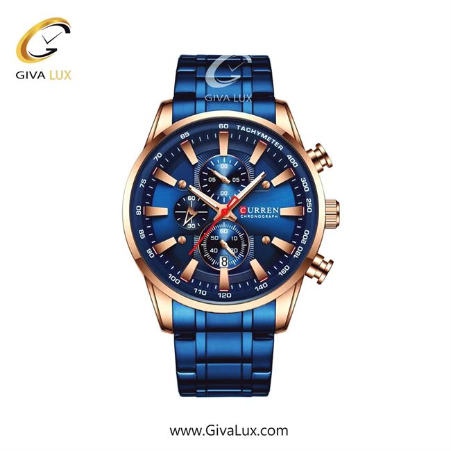 ساعت مچی اورجینال مردانه کارن (کورن) curren سه موتوره کرنوگراف رزگلد | آبی| آبی| کد رفرنس 8351BURS