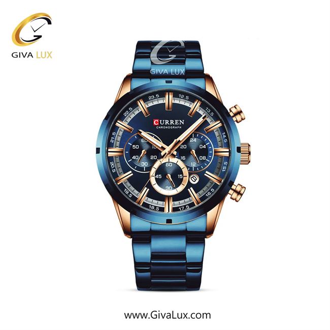 ساعت مچی اورجینال مردانه کارن (کورن) curren سه موتوره کرنوگراف رزگلد | آبی| آبی| کد رفرنس 8355BURG
