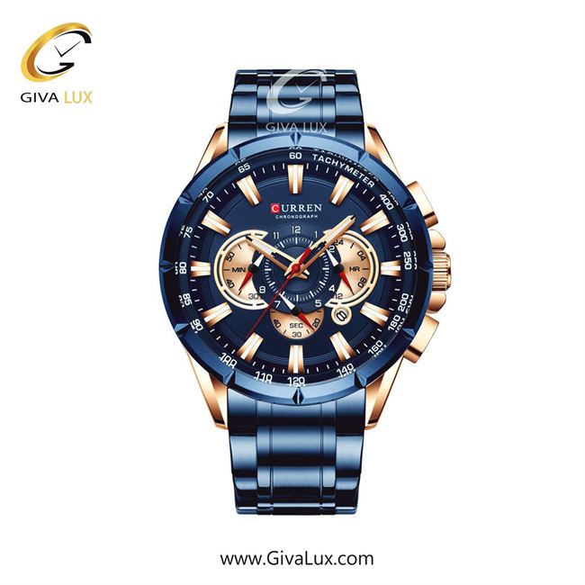 ساعت مچی اورجینال مردانه کارن (کورن) curren سه موتوره کرنوگراف رزگلد | آبی| آبی| کد رفرنس 8363BURS