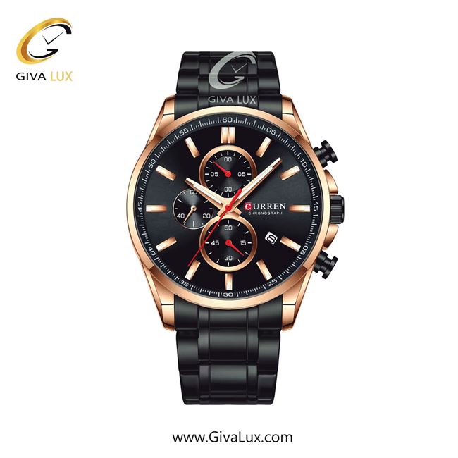 ساعت مچی اورجینال مردانه کارن (کورن) curren سه موتوره کرنوگراف رزگلد | مشکی| مشکی| کد رفرنس 8368BKRS