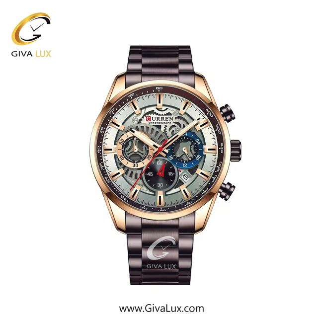 ساعت مچی اورجینال مردانه کارن (کورن) curren سه موتوره کرنوگراف قهوه ای-طلایی | قهوه ای| طلایی-قرمز| کد رفرنس 8391 G/BN