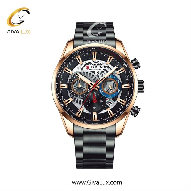 ساعت مچی اورجینال مردانه کارن (کورن) curren سه موتوره کرنوگراف رزگلد | مشکی| مشکی| کد رفرنس 8391BKRS