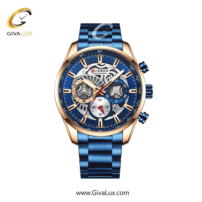 ساعت مچی اورجینال مردانه کارن (کورن) curren سه موتوره کرنوگراف رزگلد | آبی| آبی| کد رفرنس 8391BURS