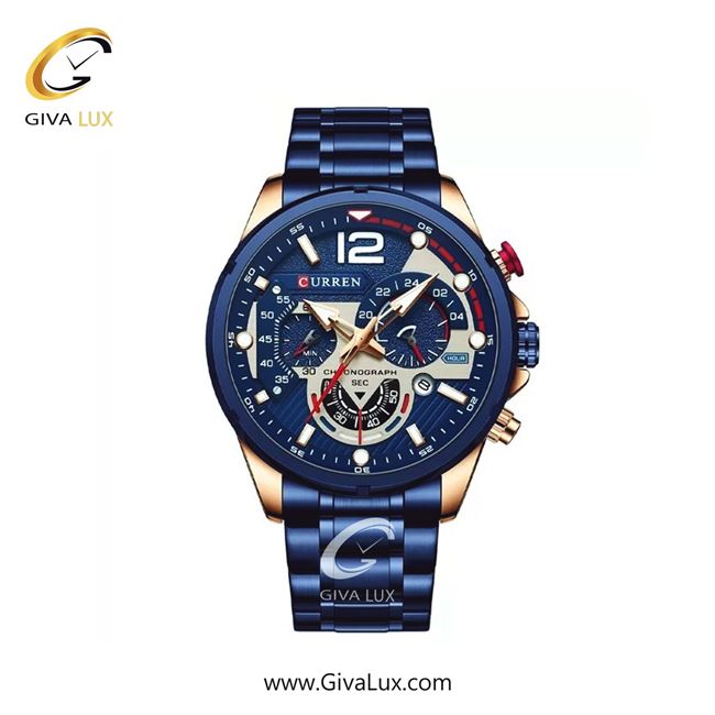 ساعت مچی اورجینال مردانه کارن (کورن) curren سه موتوره کرنوگراف طلایی-آبی کاربنی | آبی کاربنی| طلایی-آبی| کد رفرنس 8395 BE/BE