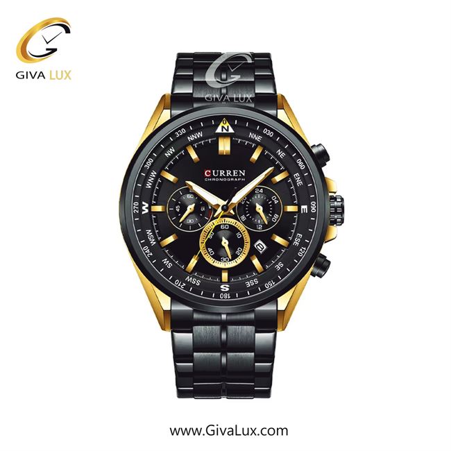 ساعت مچی اورجینال مردانه کارن (کورن) curren سه موتوره کرنوگراف طلایی | مشکی| طلایی-مشکی| کد رفرنس 8399BKGD