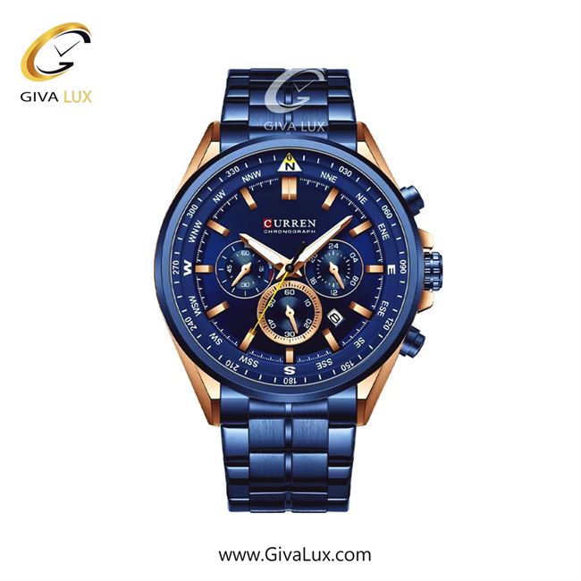 ساعت مچی اورجینال مردانه کارن (کورن) curren سه موتوره کرنوگراف آبی-رزگلد | آبی| آبی| کد رفرنس 8399BURS
