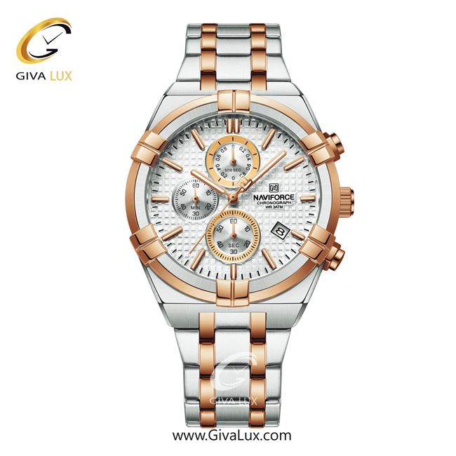 ساعت مچی اورجینال ناوی فورس مردانه سه موتوره کرنوگراف رزگلد-نقره ای | رزگلد-نقره ای | نقره ای | کد رفرنس NF8042-S/W/RG