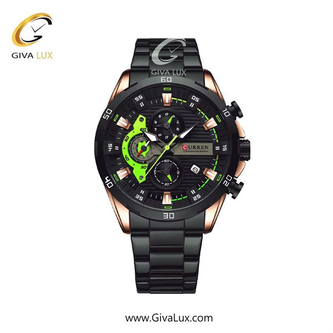 ساعت مچی اورجینال مردانه کارن (کورن) curren سه موتوره کرنوگراف رزگلد | مشکی| سبز-مشکی| کد رفرنس 8402BKRGGN