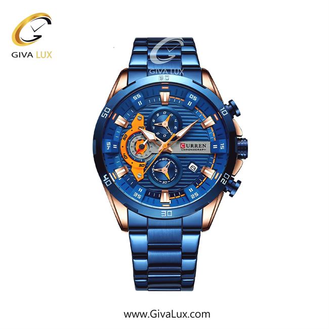 ساعت مچی اورجینال مردانه کارن (کورن) curren سه موتوره کرنوگراف رزگلد | آبی| آبی| کد رفرنس 8402BURG